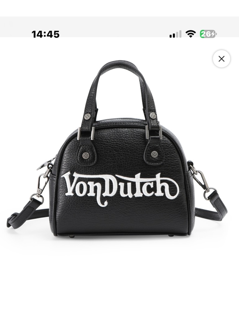 Von Dutch Black Leather Logo Dome Satchel with White Script